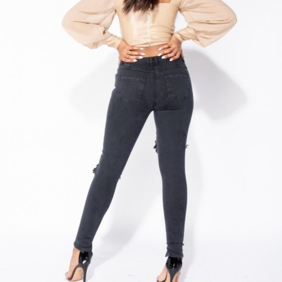Black Mid Rise Ripped Distressed Skinny Jeans Denim Pants - Picture 6 of 11